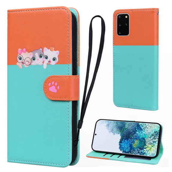 Cute Cartoon Wallet Phone Case for Samsung Galaxy S20 Plus, with Card Holder Soft PU Leather Kickstand Cover for Men and Women Magnetic Shockproof Protective with Lanyard, Skyblue