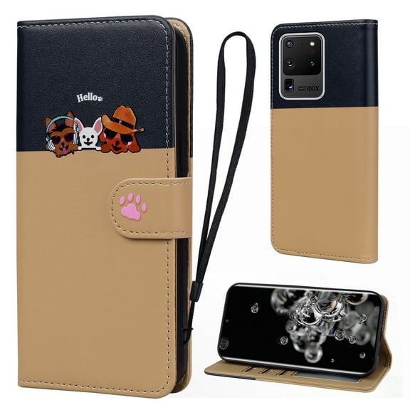 Cute Cartoon Wallet Phone Case for Samsung Galaxy S20 Ultra, with Card Holder Soft PU Leather Kickstand Cover for Men and Women Magnetic Shockproof Protective with Lanyard, Khaki
