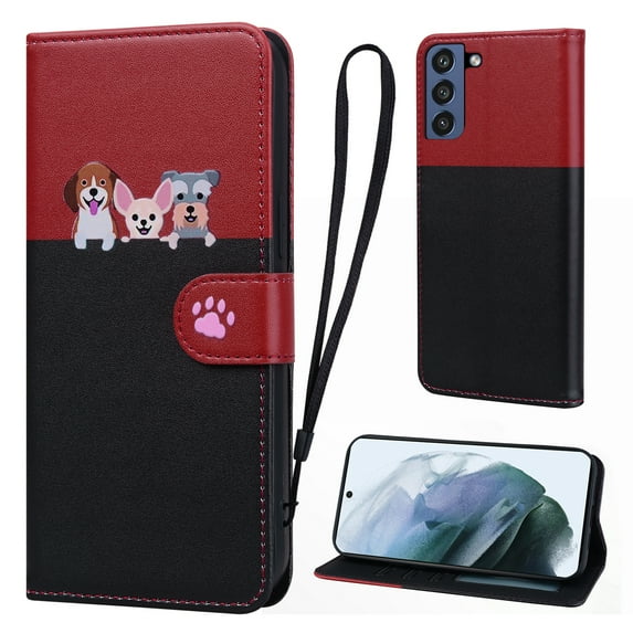 Cute Cartoon Wallet Phone Case for Samsung Galaxy S21 FE, with Card Holder Soft PU Leather Kickstand Cover for Men and Women Magnetic Shockproof Protective with Lanyard, Black