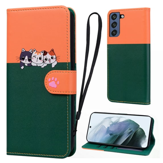 Cute Cartoon Wallet Phone Case for Samsung Galaxy S21 FE, with Card Holder Soft PU Leather Kickstand Cover for Men and Women Magnetic Shockproof Protective with Lanyard, Darkgreen