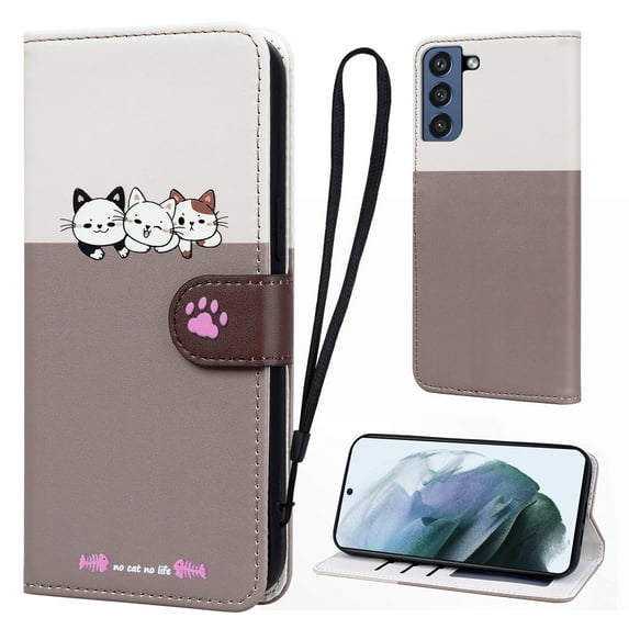 Cute Cartoon Wallet Phone Case for Samsung Galaxy S21 FE, with Card Holder Soft PU Leather Kickstand Cover for Men and Women Magnetic Shockproof Protective with Lanyard, Gray