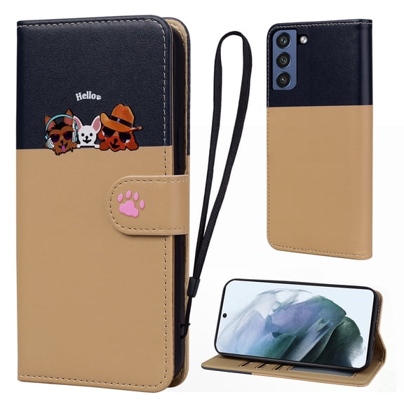 Cute Cartoon Wallet Phone Case for Samsung Galaxy S21 FE, with Card Holder Soft PU Leather Kickstand Cover for Men and Women Magnetic Shockproof Protective with Lanyard, Khaki