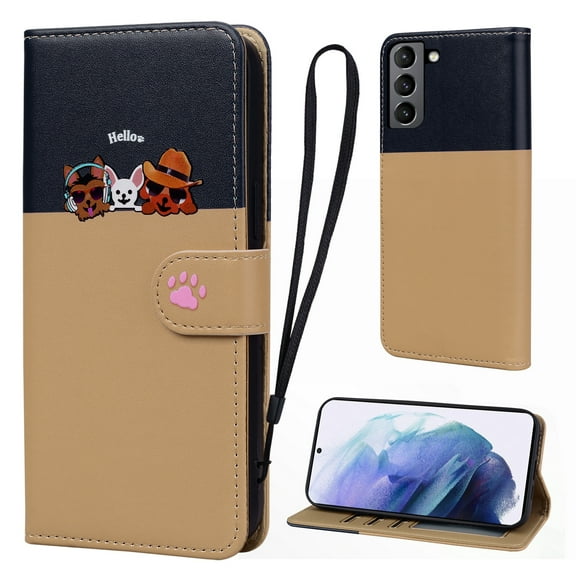 Cute Cartoon Wallet Phone Case for Samsung Galaxy S21 Plus, with Card Holder Soft PU Leather Kickstand Cover for Men and Women Magnetic Shockproof Protective with Lanyard, Khaki