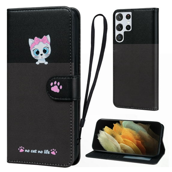 Cute Cartoon Wallet Phone Case for Samsung Galaxy S21 Ultra, with Card Holder Soft PU Leather Kickstand Cover for Men and Women Magnetic Shockproof Protective with Lanyard, Darkgray