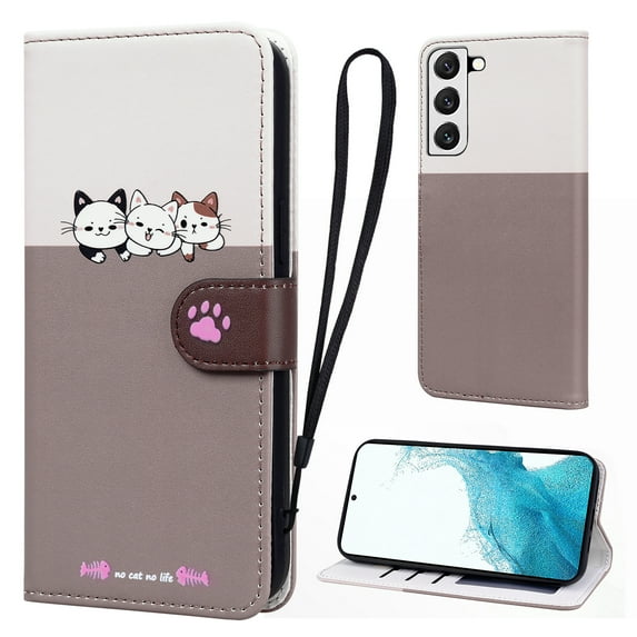 Cute Cartoon Wallet Phone Case for Samsung Galaxy S22, with Card Holder Soft PU Leather Kickstand Cover for Men and Women Magnetic Shockproof Protective with Lanyard, Gray
