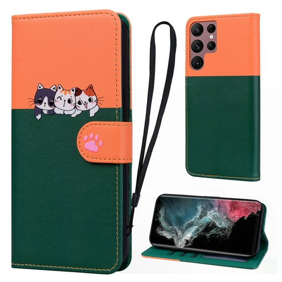 Cute Cartoon Wallet Phone Case for Samsung Galaxy S22 Ultra, with Card Holder Soft PU Leather Kickstand Cover for Men and Women Magnetic Shockproof Protective with Lanyard, Darkgreen