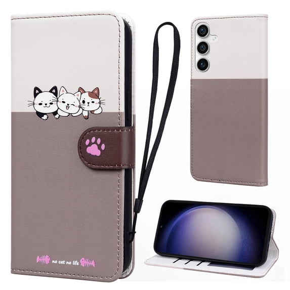 Cute Cartoon Wallet Phone Case for Samsung Galaxy S23 FE, with Card Holder Soft PU Leather Kickstand Cover for Men and Women Magnetic Shockproof Protective with Lanyard, Gray