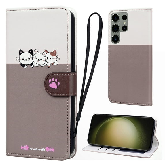 Cute Cartoon Wallet Phone Case for Samsung Galaxy S23 Ultra, with Card Holder Soft PU Leather Kickstand Cover for Men and Women Magnetic Shockproof Protective with Lanyard, Gray