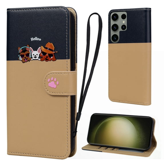 Cute Cartoon Wallet Phone Case for Samsung Galaxy S23 Ultra, with Card Holder Soft PU Leather Kickstand Cover for Men and Women Magnetic Shockproof Protective with Lanyard, Khaki