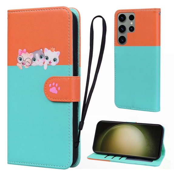 Cute Cartoon Wallet Phone Case for Samsung Galaxy S23 Ultra, with Card Holder Soft PU Leather Kickstand Cover for Men and Women Magnetic Shockproof Protective with Lanyard, Skyblue