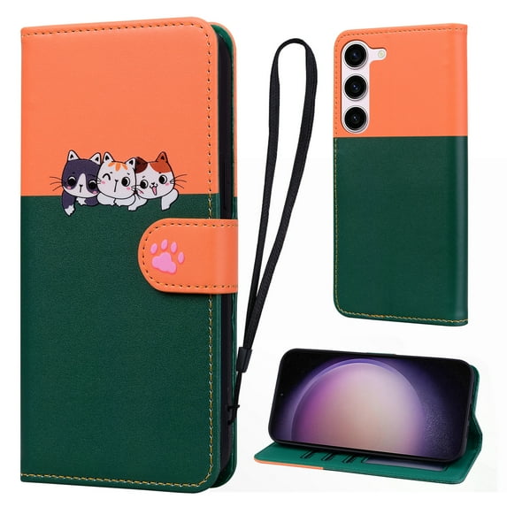 Cute Cartoon Wallet Phone Case for Samsung Galaxy S24, with Card Holder Soft PU Leather Kickstand Cover for Men and Women Magnetic Shockproof Protective with Lanyard, Darkgreen