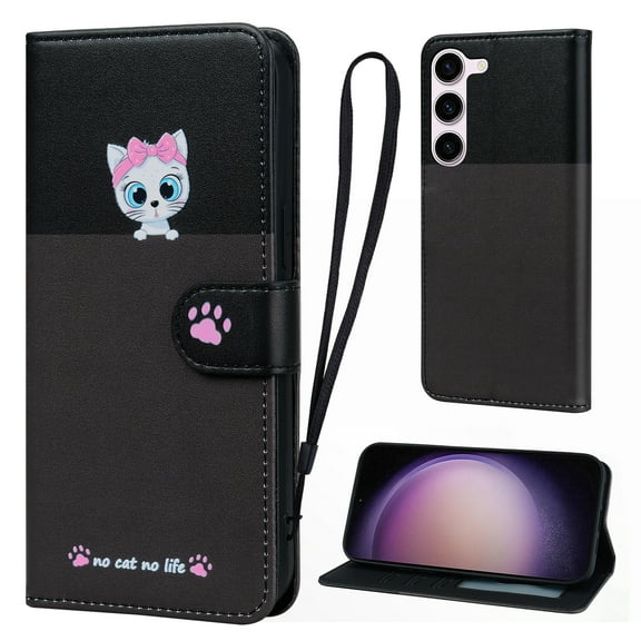 Cute Cartoon Wallet Phone Case for Samsung Galaxy S24, with Card Holder Soft PU Leather Kickstand Cover for Men and Women Magnetic Shockproof Protective with Lanyard, Darkgray