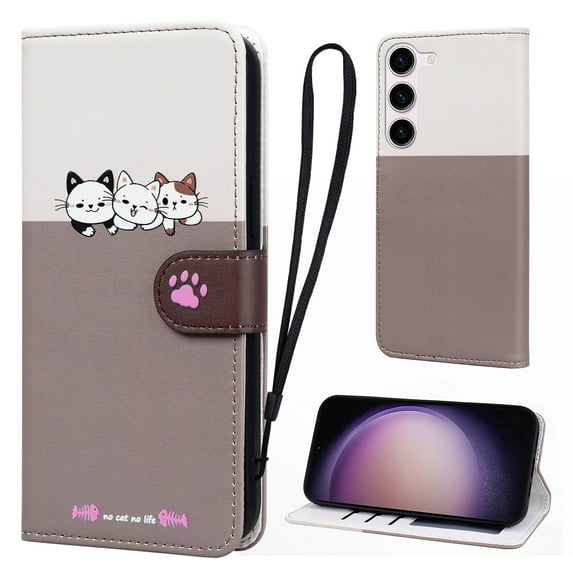 Cute Cartoon Wallet Phone Case for Samsung Galaxy S24, with Card Holder Soft PU Leather Kickstand Cover for Men and Women Magnetic Shockproof Protective with Lanyard, Gray