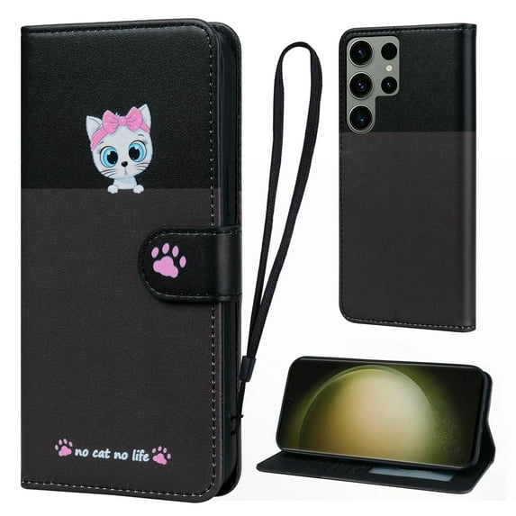 Cute Cartoon Wallet Phone Case for Samsung Galaxy S24 Ultra, with Card Holder Soft PU Leather Kickstand Cover for Men and Women Magnetic Shockproof Protective with Lanyard, Darkgray