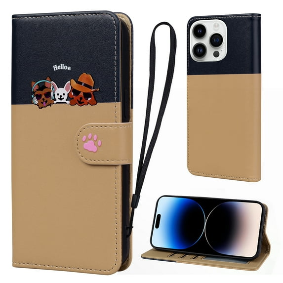 Cute Cartoon Wallet Phone Case for iPhone 14 Plus, with Card Holder Soft PU Leather Kickstand Cover for Men and Women Magnetic Shockproof Protective with Lanyard for iPhone 14 Plus, Khaki