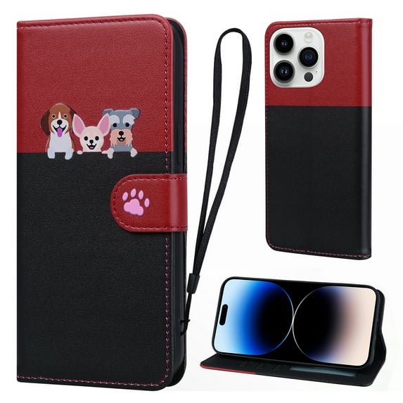 Cute Cartoon Wallet Phone Case for iPhone 14 Plus, with Card Holder Soft PU Leather Kickstand Cover for Men and Women Magnetic Shockproof Protective with Lanyard for iPhone 14 Plus, Black