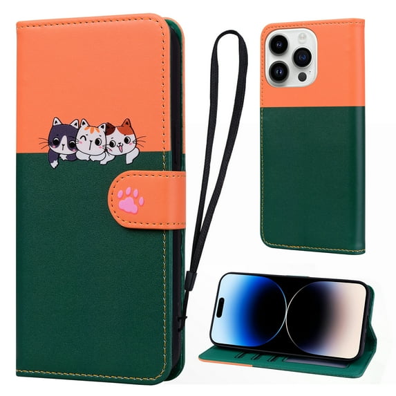 Cute Cartoon Wallet Phone Case for iPhone 14 Pro, with Card Holder Soft PU Leather Kickstand Cover for Men and Women Magnetic Shockproof Protective with Lanyard for iPhone 14 Pro, Darkgreen