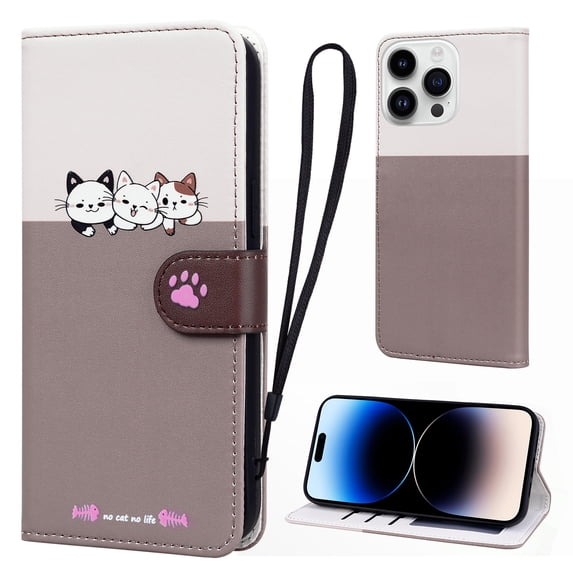 Cute Cartoon Wallet Phone Case for iPhone 14 Pro, with Card Holder Soft PU Leather Kickstand Cover for Men and Women Magnetic Shockproof Protective with Lanyard for iPhone 14 Pro, Gray