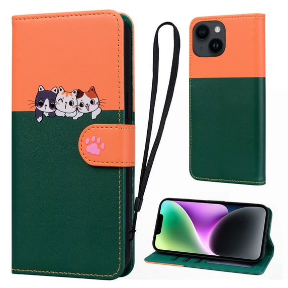 Cute Cartoon Wallet Phone Case for iPhone 15, with Card Holder Soft PU Leather Kickstand Cover for Men and Women Magnetic Shockproof Protective with Lanyard for iPhone 15, Darkgreen