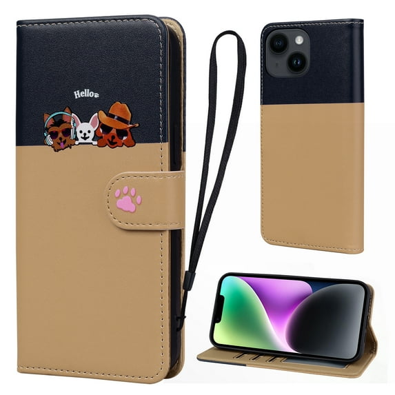 Cute Cartoon Wallet Phone Case for iPhone 15, with Card Holder Soft PU Leather Kickstand Cover for Men and Women Magnetic Shockproof Protective with Lanyard for iPhone 15, Khaki