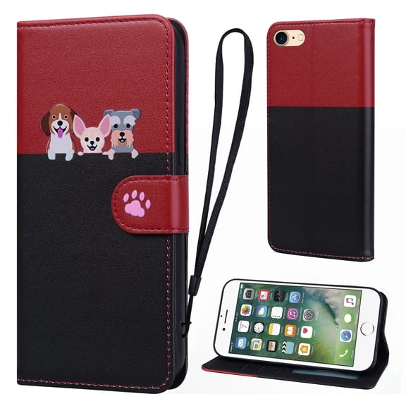 Cute Cartoon Wallet Phone Case for iPhone 7/8/SE 2020/SE 2022, with Card Holder Soft PU Leather Kickstand Cover for Men and Women Magnetic Shockproof Protective with Lanyard, Black