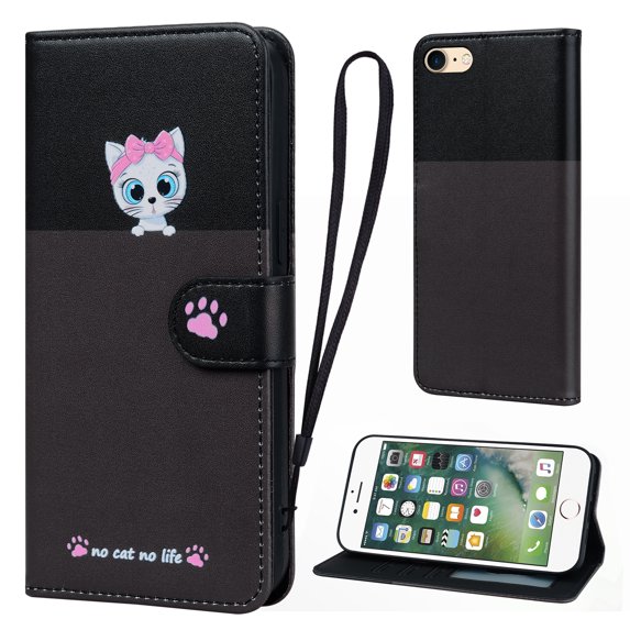 Cute Cartoon Wallet Phone Case for iPhone 7/8/SE 2020/SE 2022, with Card Holder Soft PU Leather Kickstand Cover for Men and Women Magnetic Shockproof Protective with Lanyard, Darkgray