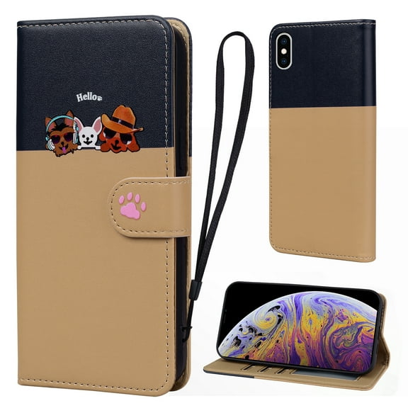 Cute Cartoon Wallet Phone Case for iPhone X/XS, with Card Holder Soft PU Leather Kickstand Cover for Men and Women Magnetic Shockproof Protective with Lanyard for iPhone X/XS, Khaki