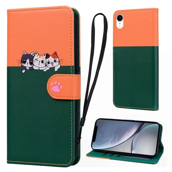 Cute Cartoon Wallet Phone Case for iPhone XR, with Card Holder Soft PU Leather Kickstand Cover for Men and Women Magnetic Shockproof Protective with Lanyard for iPhone XR, Darkgreen