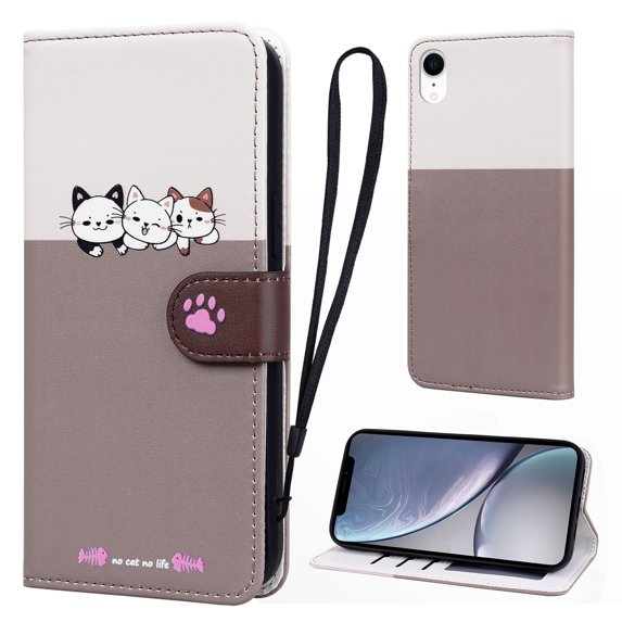 Cute Cartoon Wallet Phone Case for iPhone XR, with Card Holder Soft PU Leather Kickstand Cover for Men and Women Magnetic Shockproof Protective with Lanyard for iPhone XR, Gray