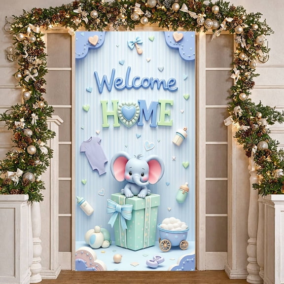 Cute Cartoon Welcome Home Banner Blue Color Scheme Newborn Backdrop Pastel Color Tone Elephant Theme Infant Welcome Display for Baby Shower Newborn Welcome Party Home Entrance Decor