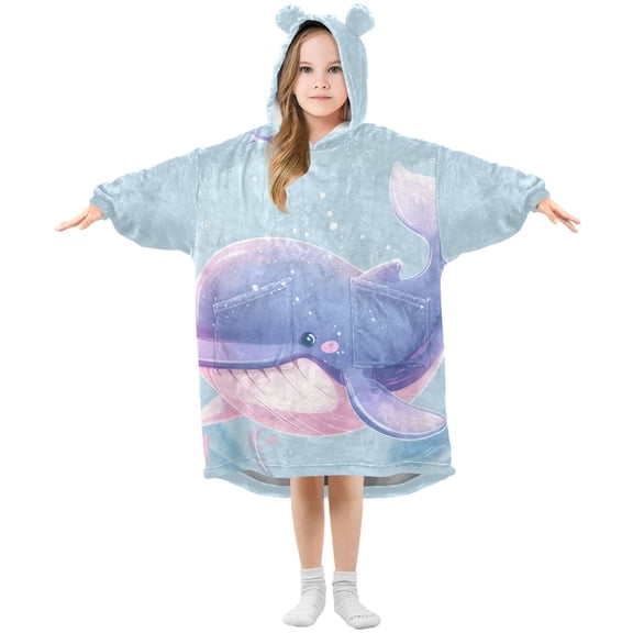Cute Cartoon Whale Flannel Wearable Blankets Hooded Design Long Sleeves Wrap Unisex for 3T-14Y S