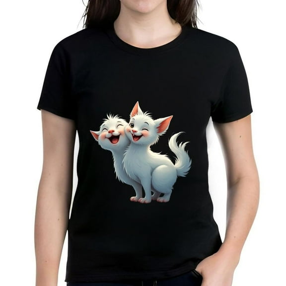 Cute Cartoon White Cats Cuddling Graphic Cotton Short Sleeve T-Shirt for Women - Fluffy & Playful Design on Dark Background