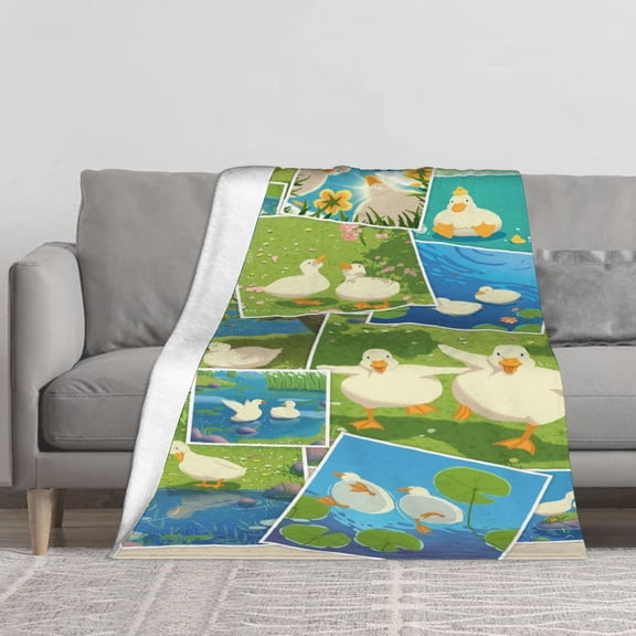 Cute Cartoon White Duck Photo Collage Flannel Throw Blanket, Lake Lotus Grass Floral Pond Scenes Patchwork Print Soft Cozy Lightweight Blanket for Sofa Bedroom Nursery, Lovely Gift for Duck Lovers