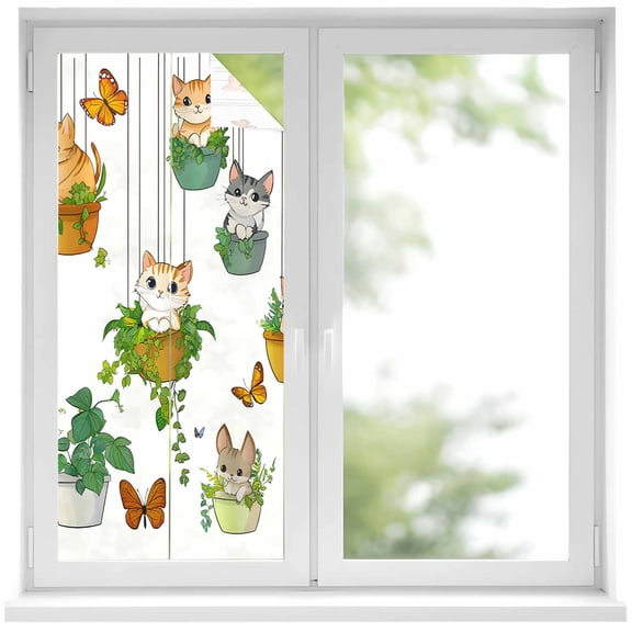 Cute Cartoon Window Privacy Film, Cat Butterfly Spring Floral Botanical Static Cling UV Sun Blocking Heat Control Window Tint Day and Night, Non-Adhesive One Way Windows Privacy Cover 19.6''x39.3''