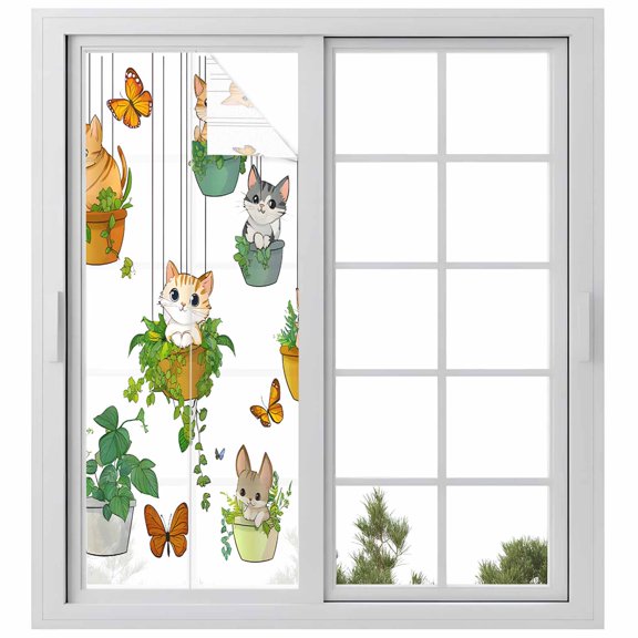 Cute Cartoon Window Privacy Film, Cat Butterfly Spring Floral Botanical Static Cling UV Sun Blocking Heat Control Window Tint Day and Night, Non-Adhesive One Way Windows Privacy Cover 23.6''x59''