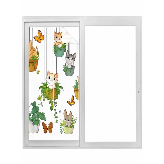 Cute Cartoon Window Privacy Film, Cat Butterfly Spring Floral Botanical Static Cling UV Sun Blocking Tint Film Heat Control Windows Films for Bedroom Bathroom, Window Stickers 17.7"x39.3"
