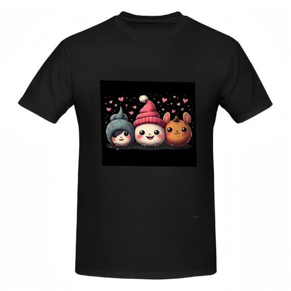Cute Cartoon Winter Characters T-Shirt for Women - Adorable Gray White & Brown Characters with Hearts on Black Cotton Tee