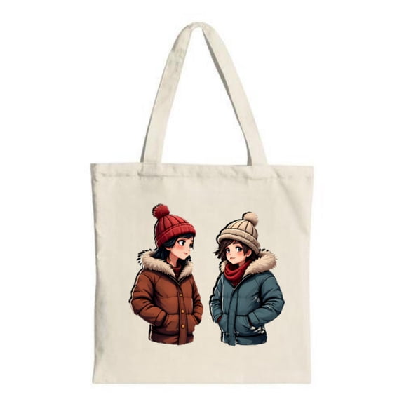 Cute Cartoon Winter Characters Tote Bag - Brown & Blue Coats Perfect for Shopping Travel & Parties Stylish & Reusable Canvas Bag