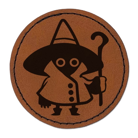 Cute Cartoon Wizard Witch Hat Coat Round Iron-On Engraved Faux Leather Patch Applique - 2.5 Inch - Brown