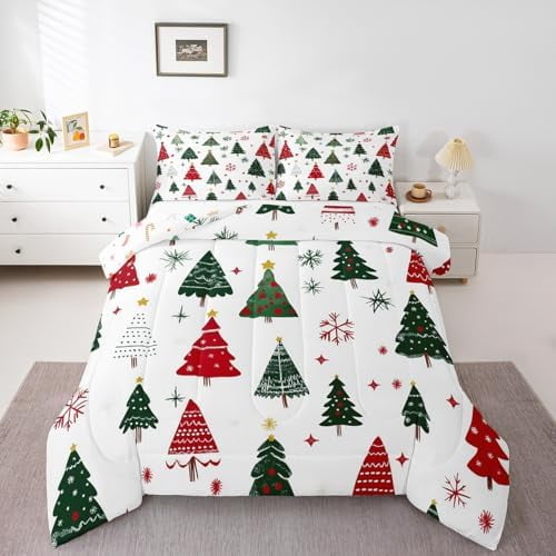 Cute Cartoon Xmas Tree Queen Comforter Set for Kids Teens Adults,Kids Doodle Pine Bedding Set Room Decor,Lovely Snowflake Bed Set Microfiber,Merry Christmas Bedding Set Room Decor