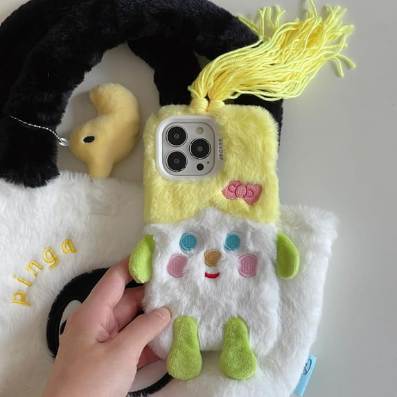 Cute Cartoon Yellow Furry Phone Case Compatible with iPhone 13 pro, Funny 3D Fluffly DIY Braids Plush Winter Warm Shockproof Phone Cover for Girls Women