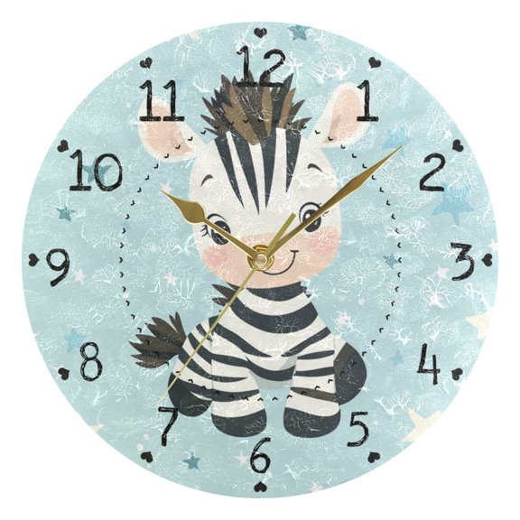 Cute Cartoon Zebra Stars Round Wall Clock Silent Analog Battery Operated Gold Pointer Home Decor 9.84" Diameter