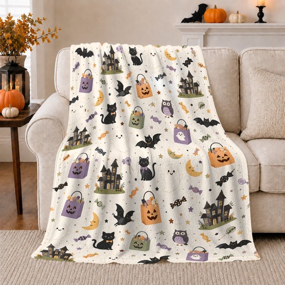 Cute Cartoon autumn celebration Cats Ghosts Bats Whimsical Trick-Or-Treat, Warm Flannel Blanket for Living Room and Bedroom, Playful Pet Portrait Pattern, Cat Lovers autumn celebration Gift
