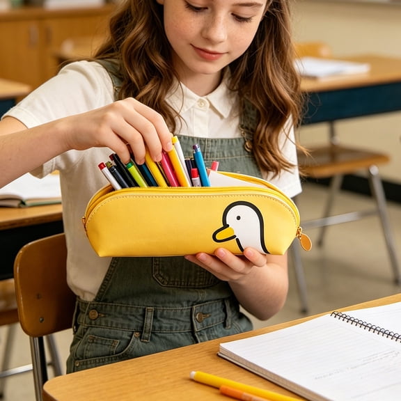 Cute Cartoons Leather Pencil Case, Large Capacity Storage, Large Capacity Clean Stationery Pouch For Learner Office Desk (9.4x3.1x2.4 Inch)
