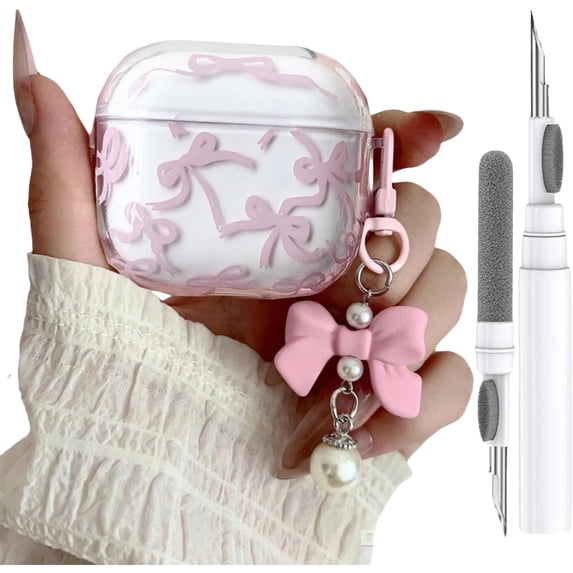 Cute Case Airpod 4 Case Cover 2025 for Girly Shell Pattern Bow Design Shockproof Airpod 4th Generation Headphone Cover, with Cleaning Kit & Bow Pearl Keychain