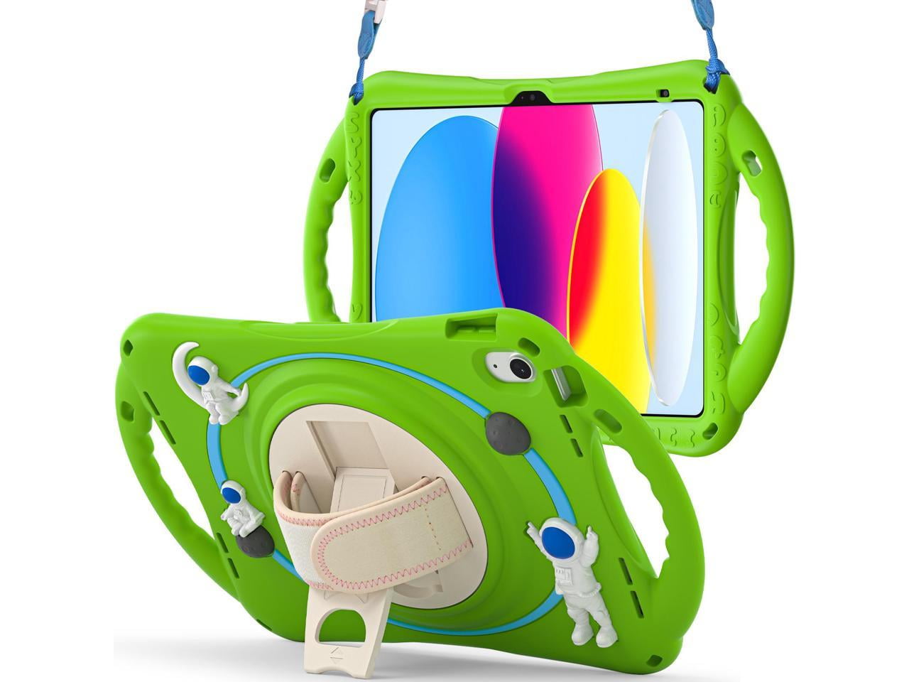 Cute Case for Apple iPad 10th Generation 10.9 inch 2022, Shockproof Silicone Astronaut Cover with Stand Shoulder Strap, Handle Grip, Pencil Holder Green