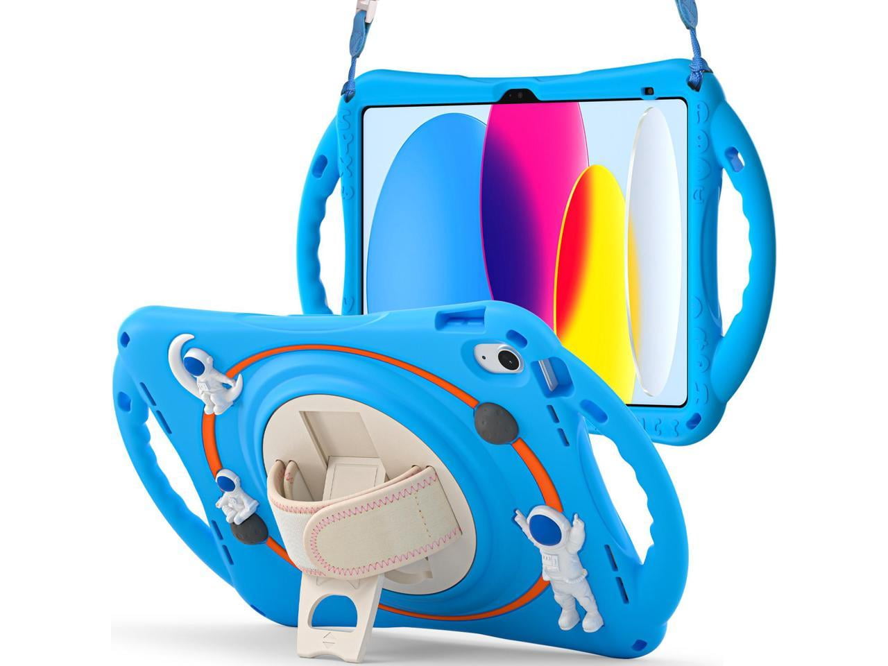 Cute Case for Apple iPad 10th Generation 10.9 inch 2022, Shockproof Silicone Astronaut Cover with Stand Shoulder Strap, Handle Grip, Pencil Holder Light Blue