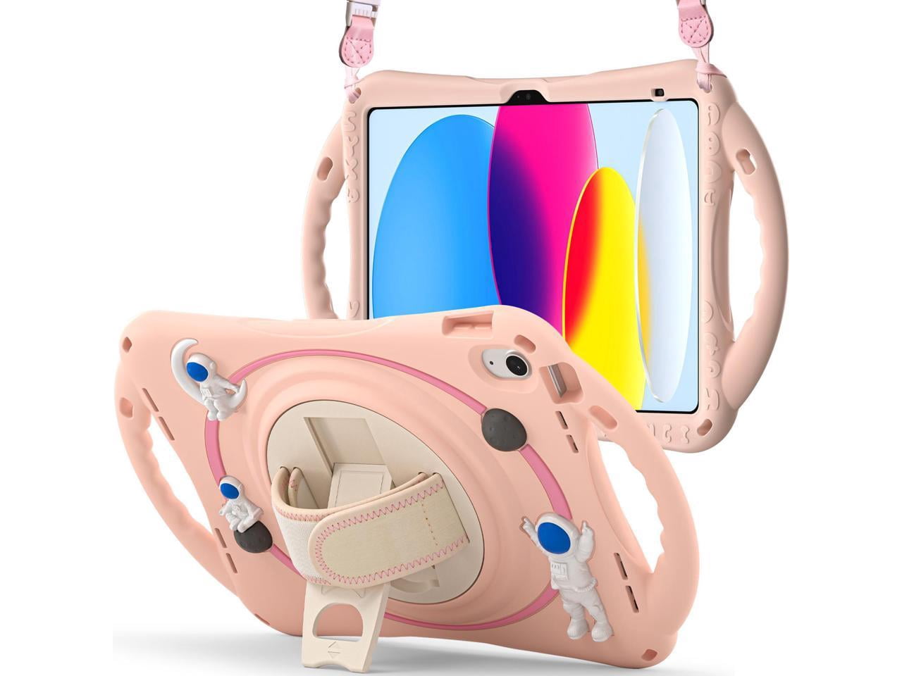 Cute Case for Apple iPad 10th Generation 10.9 inch 2022, Shockproof Silicone Astronaut Cover with Stand Shoulder Strap, Handle Grip, Pencil Holder Pink