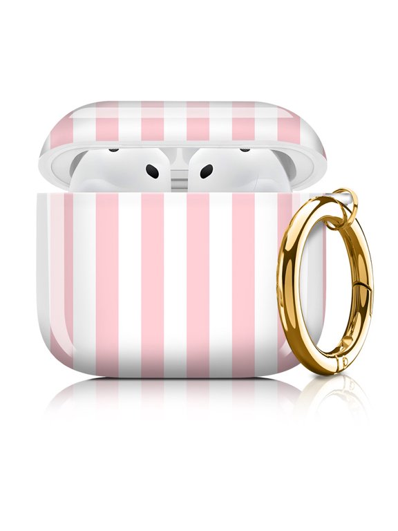 Cute Case Cover Compatible with Airpods 4, Shockproof Protective Earbuds Case for Women Girls with Gold Round Keychain Pink White
