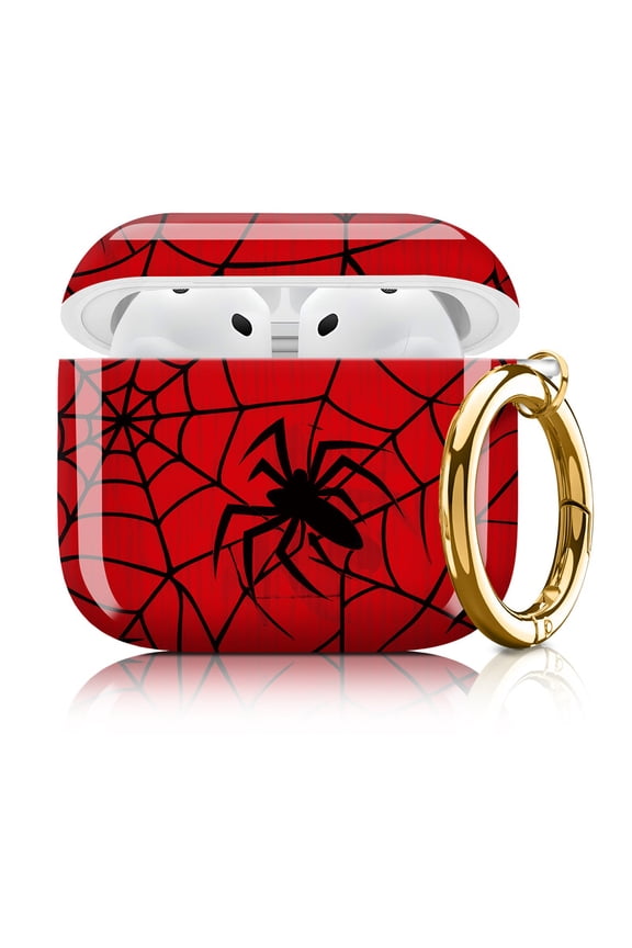 Cute Case Cover Compatible with Airpods 4, Shockproof Protective Earbuds Case for Women Girls with Gold Round Keychain Spider Web Pattern